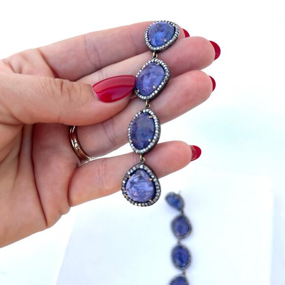 Authentic Tanzanite & Diamond Pavé Dangle Earrings Sterling Silver 14k Gold - Picture 2 of 7